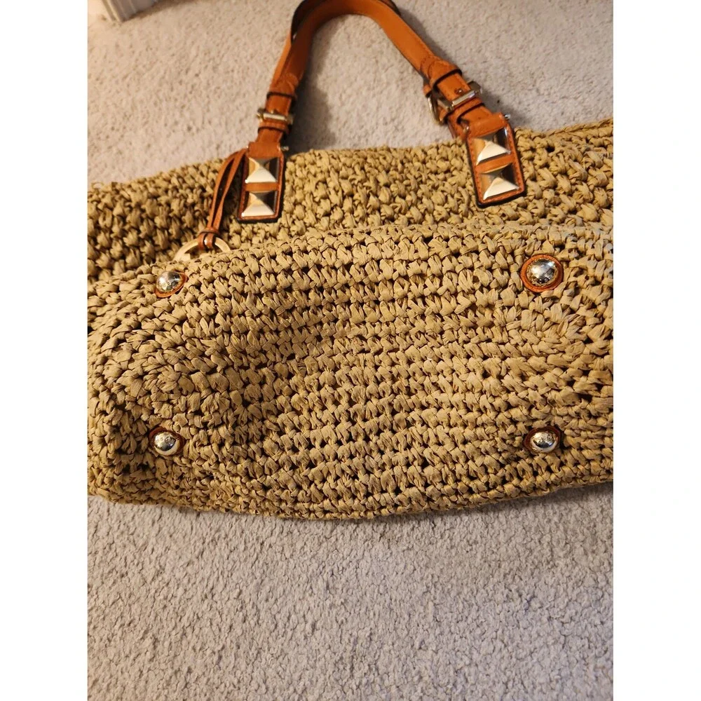 Michael Kors Brown Rattan Woven Tote Bag w/ Orange Straps